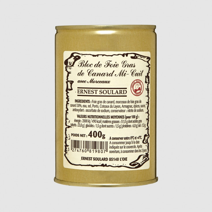 Bloc de foie gras de canard mi-cuit avec morceaux 30 % Ernest Soulard